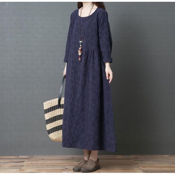 

2019 spring new women's retro loose large size jacquard cotton and linen dress linen over the knee long sleeve long dres m37, Black;gray
