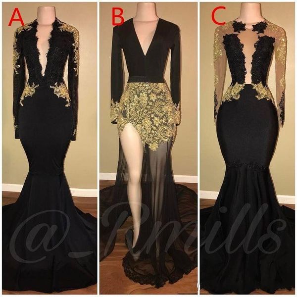 

черные длинные вечерние платья глубокий v шеи аппликация кружева с длинными рукавами суд поезд вечерние наряды платья выпускного вечера мант, White;black