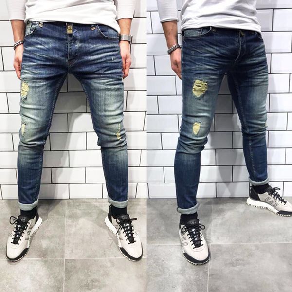 

men denim black jeans slim ripped hole jeans fashion hip hop skinny pencil for men high street wear stretch homme, Blue