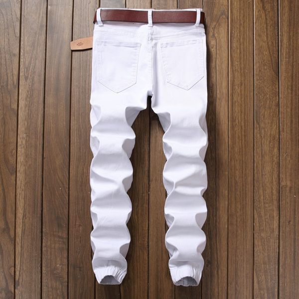 

european man jean pants fashion ripped hole zipper men trousers casual elastic motorcycle pants streetwear slim fit pencil, Blue