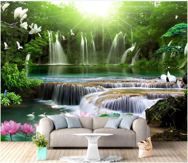 Personalizado foto mural papel de parede 3d murais idílico floresta cachoeira sala de estar sofá fundo papéis de parede