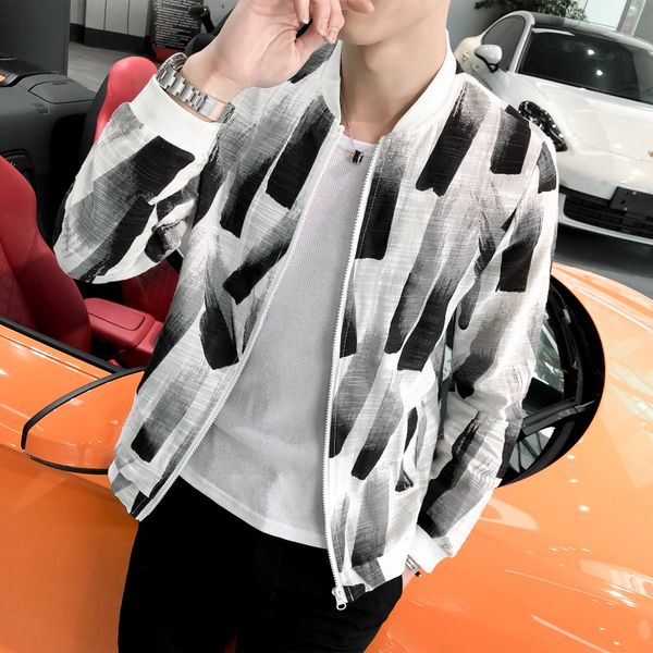 

2019 thin jacket men summer print sun protection clothing brand new long sleeve mens bomber jacket slim fit windbreaker 5xl-m, Black;brown