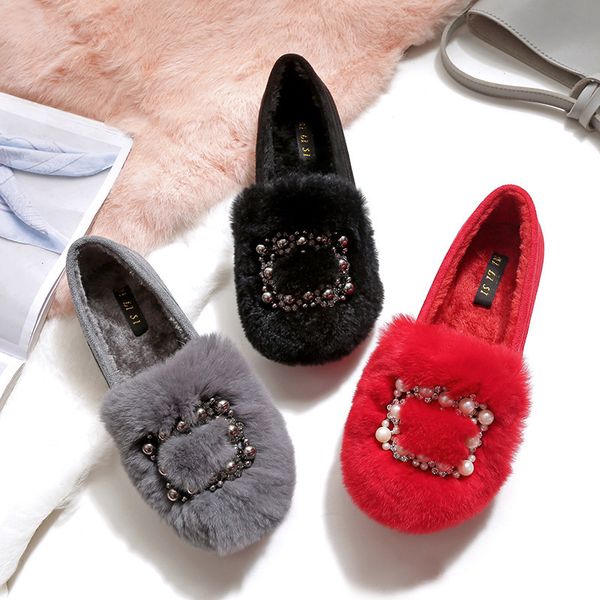 

41-43 big size fur moccasins pearl beading cotton shoes woman rivets buckle furry flats warm winter slides loafers women ns100, Black