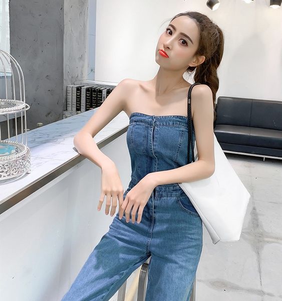 

fashion women off shoulder denim jumpsuit summer sleeveless long romper vocation holiday wide leg overalls, Black;white