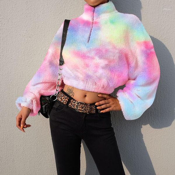 

colorful loose ladies sweatshirts with zipper casual crew neck long sleeve femme clothes rainbow womens hoodies