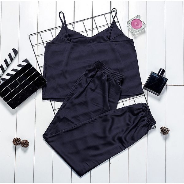 

faux silk spaghetti strap pajamas set for women v-neck camis and pants female sleepwear summer fashion solid lady pyjamas, Black;red