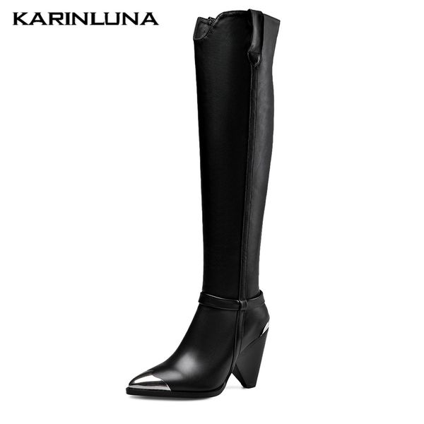 

karinluna натуральная корова кожа колено высокие сапоги женщина на высоких каблуках обувь леди партия острым носом сапоги обувь женщины плюс, Black
