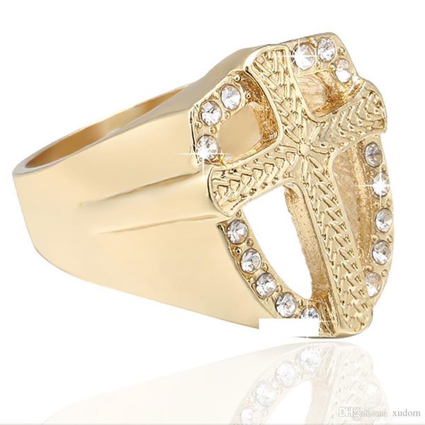 

wholesale new luxury men's hip hop simulated diamonds ring christian jesus ring with crystal religious gold plated cross ring for free, Silver
