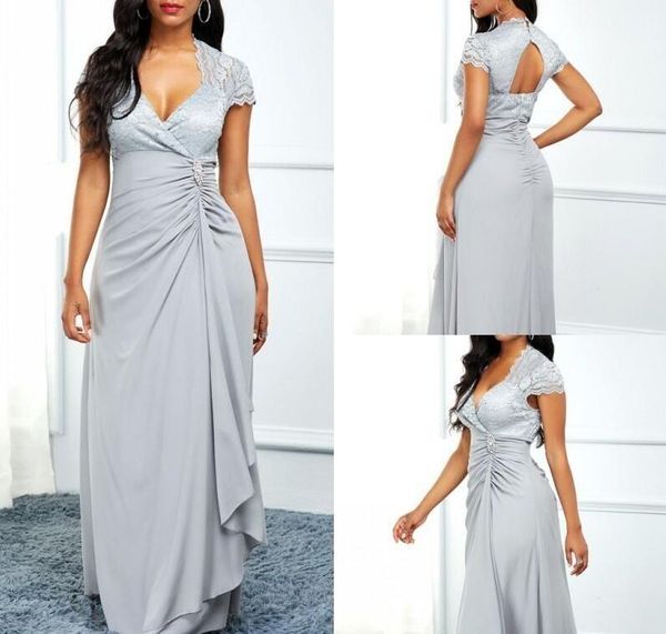 

grey cap short sleeves lace mother of the bride dresses v neck backless with sash ruched pleated chiffon wedding party gowns prom, Black;red