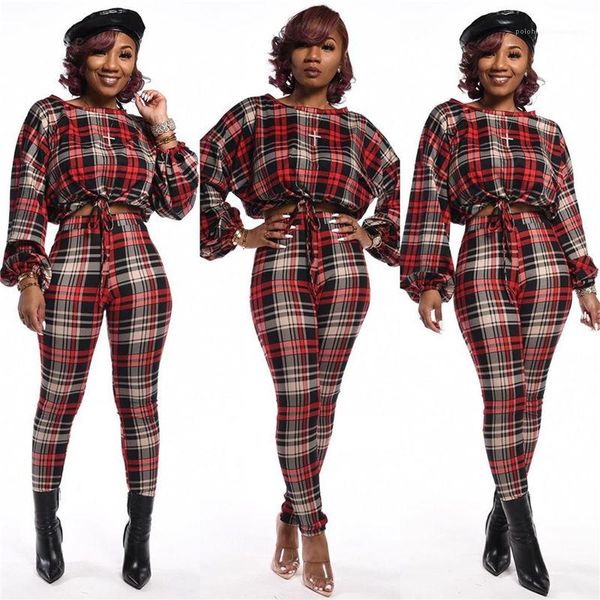 

sleeve crew neck womens two piece pants loose ladies casual tracksuits womens plaid two piece sets long, White