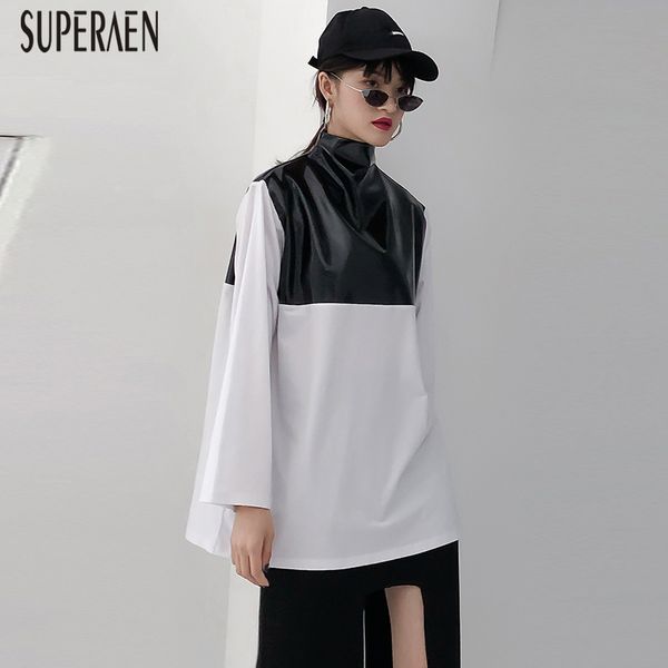 

superaen long-sleeved t-shirt female 2019 new loose spring casual wild women t shirt leather stitching europe women, White