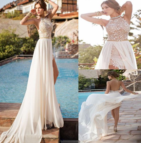 

vintage beach prom dresses high neck beaded crystals lace applique floor length side slit evening gowns, Black;red