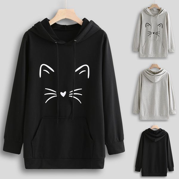 

women sweatshirt women hoodies sweatshirts pullover cat printing shirt long sleeve casual loose pullovers sudadera mujer new, Black