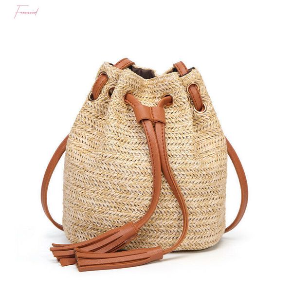 

2020 new beach solid string mini bucket bags female summer knitting straw bags sweet casual holiday crossbody bag handbags