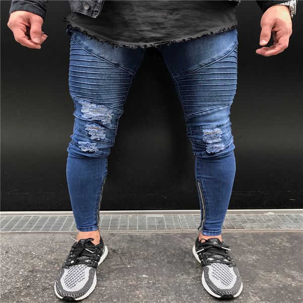 

men's jeans vintage skinny destroyed ripped jeans 2019 casual hole pleated pants homme hip hop pencil, Blue