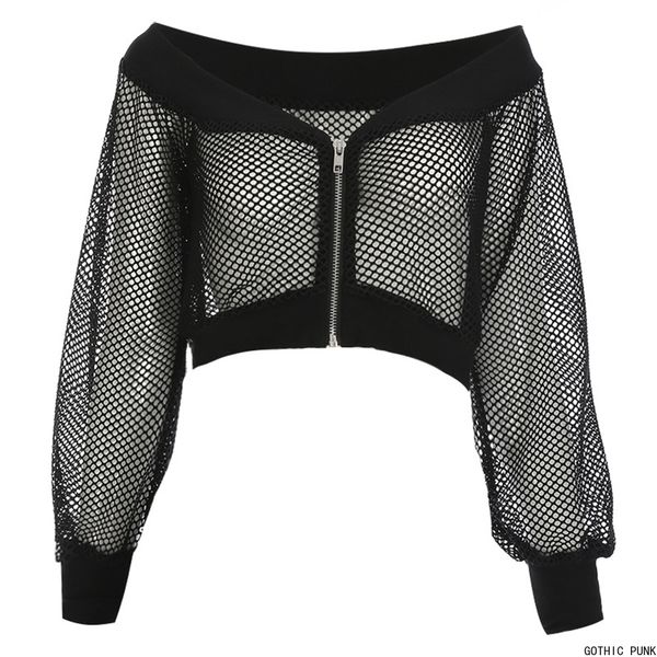 

gothic coat women blouse black mesh see-through slash neck hollow off shoulder long sleeve club street goth blouse, Black;white