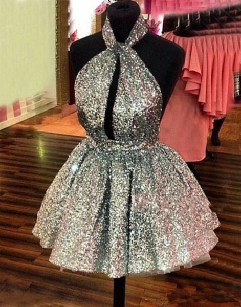 

sparkly silver sequined homecoming dresses halter backless short prom dresses hollow front cocktail party dresses customize