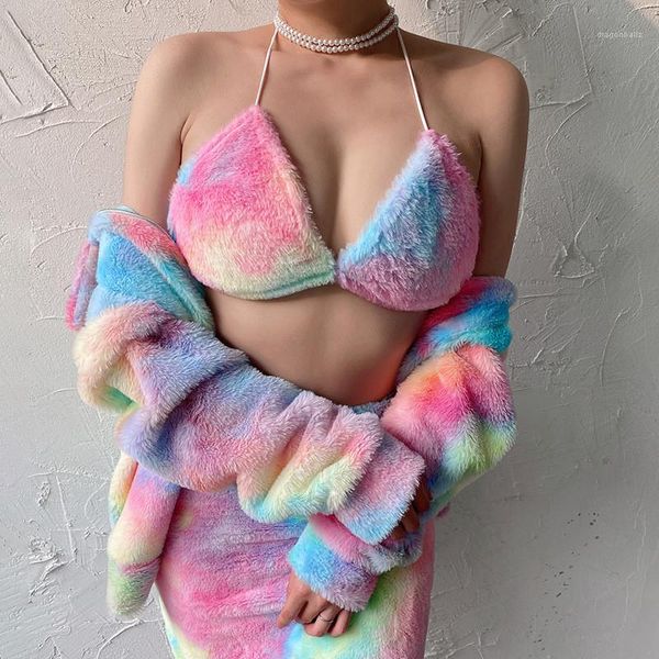 

из двух частей брюки женская одежда 19aw женщины из двух частей наборы мода сексуальный галстук окрашенный холтер жилет пушистый, White