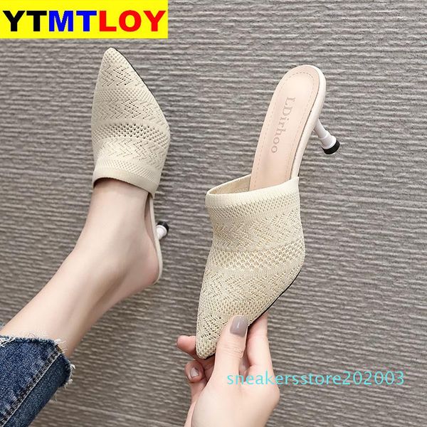 

new high heel women sandals pointed toe lace mules sandals shoes vintage geometry heel women mesh summer thin heels slippers s03, Black