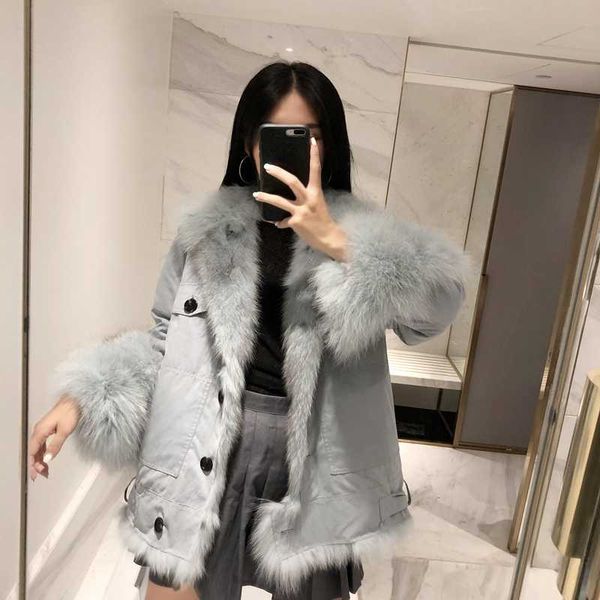 

women's fur & faux real coat 2021 safari style winter jacket women natural liner wear both sides parka thick warm outerwear fashion, Black