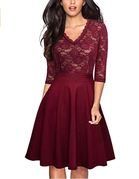 

women's chic v-neck lace patchwork 3/4 sleeve flare party dress a line dress plus size s-2xl, White;black