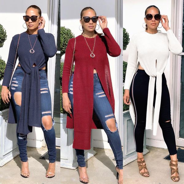 

round neck long sleeve irregular front long short sweater women's sweaters casual nightclub long sweater, White;black