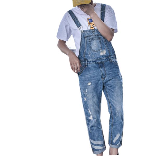 

harajuku big boy slim fit hole overalls one piece mens ripped cargo jeans retro washed denim jumpsuits pockets hombre trousers, Blue