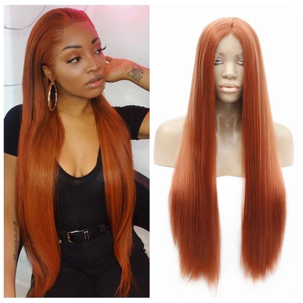

cosplay synthetic lace front wig silky straight orange color heat resistant fiber hair glueless pastel lace front wig for black