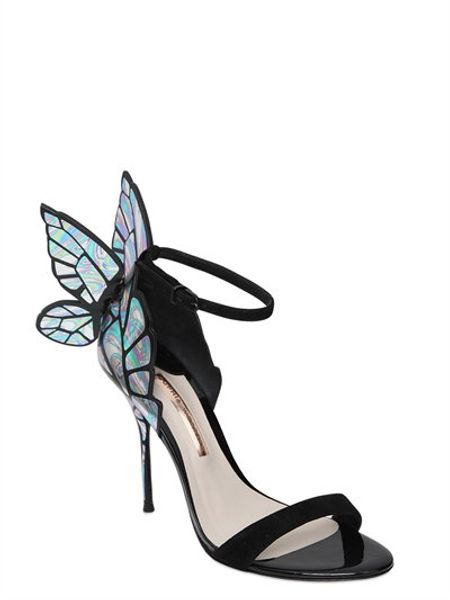 

2019 ladies patent leather high heel solid butterfly black ornaments sophia webster open toe sandals join together shoes 34-42