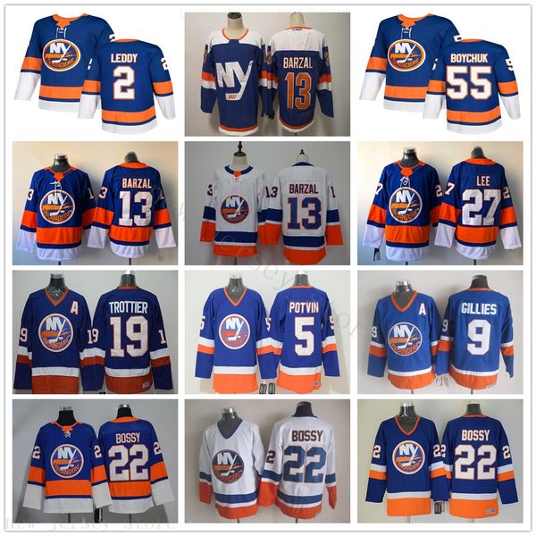 

new york islanders 13 mathew barzal jerseys ice hockey 22 mike bossy 27 anders lee nick leddy johnny boychuk denis potvin billy smith, Black;red
