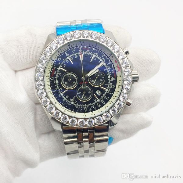 

hor sale mens watch 1884 big diamond bezel quartz movement chronograph men watches stainless steel male wristwatch, Slivery;brown