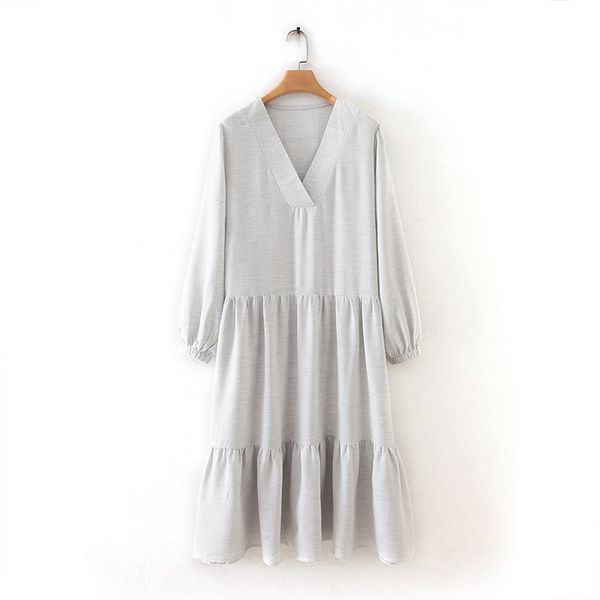 

women country style solid color pleats midi dress elegant ladies v neck long sleeve vestidos chic casual straight dresses ds3091, Black;gray