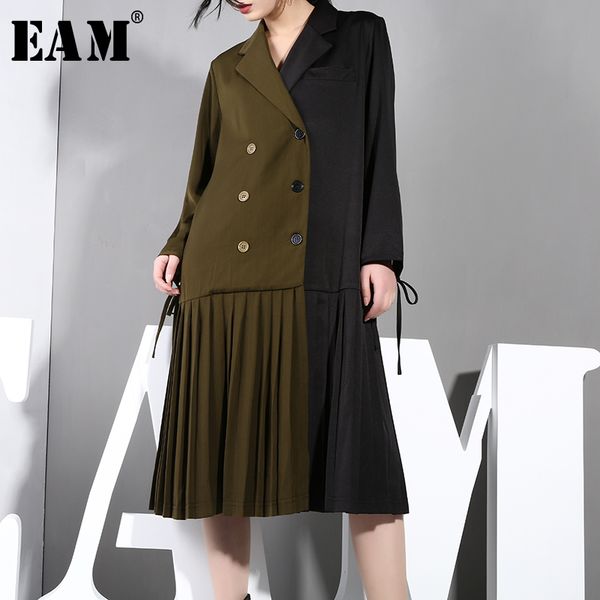 

eam] 2019 new spring summer lapel long sleeve hit color double breasted loose hem pleated windbreaker women trench fashion jo28, Tan;black