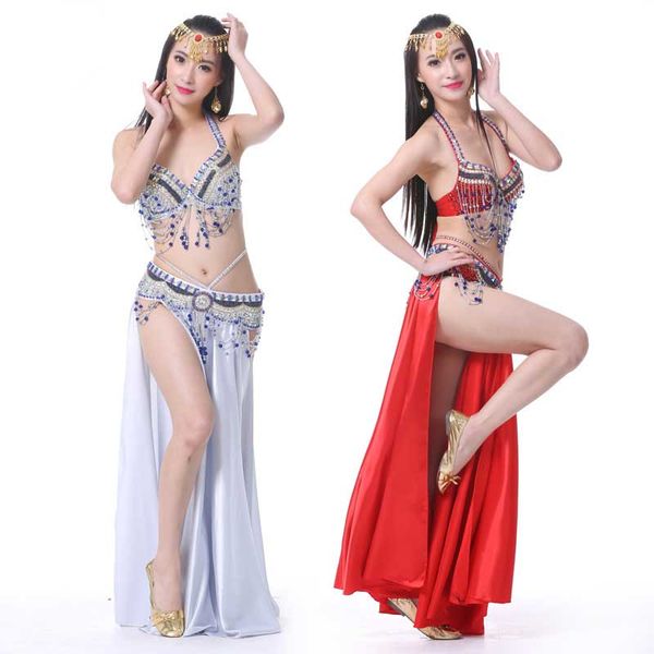 

oriental style rhinestone bra+belt+skirt belly dance 3pcs costume set stage performance luxury belly dancing egyptian costumes, Black;red