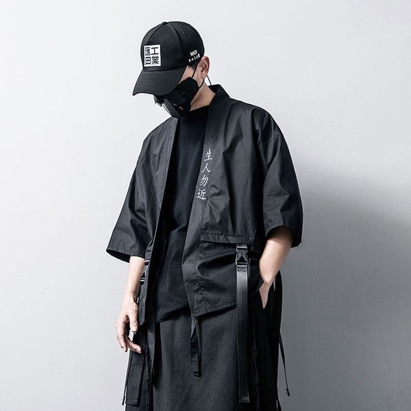 

men short sleeve casual shirts streetwear hip hop ribbon cotton linen shirt coat male japan kimono cardigan jacket, White;black