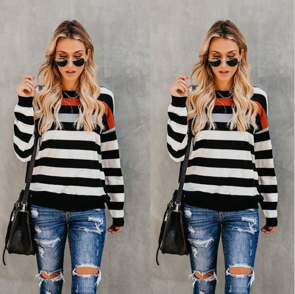 

new arrived women ladies bottom shirt striped cotton long sleeve o neck casual stitching female pullovers sweatshirts#b416, White;black