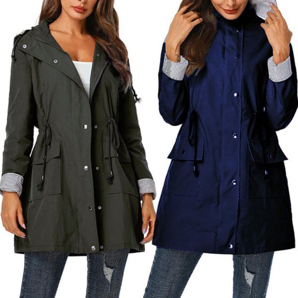 

women's trench coats women casual waist drawstring pockets lapel hooded coat waterproof jacket raincoat, Tan;black