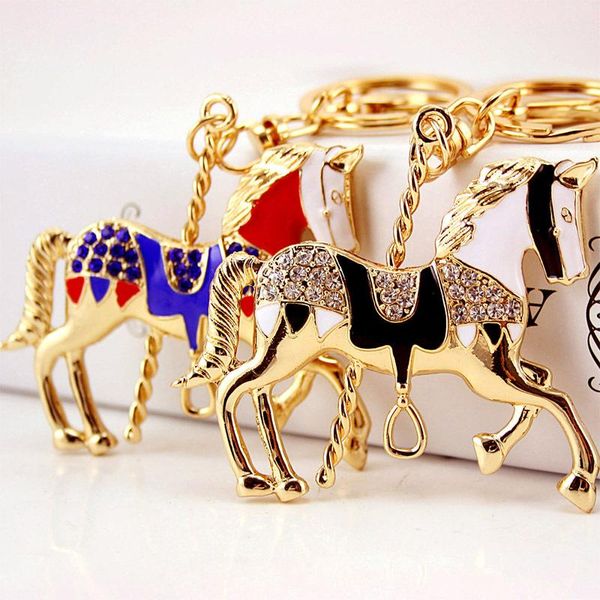 Tom Acessórios carro cavalo animal Keychain Rhinestone cristal pavimentado ouro titulares esmalte Liga jóia Drip Car Oil Key Anel