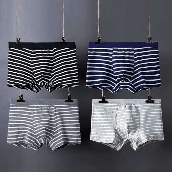 

2pcs cotton men's underwear striped cotton fabric man underpants youth middle waist four-corner underwear breathable panties, Black;white