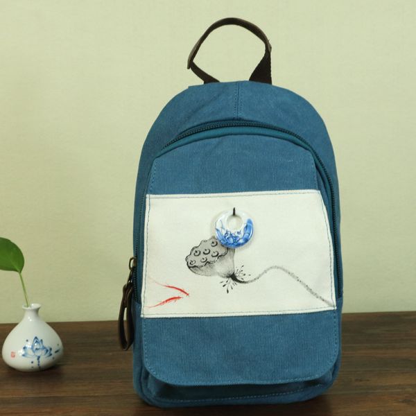 

new hand-painted washed canvas women's characteristic literary fan female bag ethnic style backpack backpack