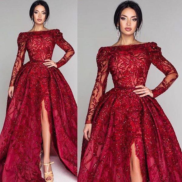 Vermelho escuro Ilusão Bodys Formal Vestidos de Festa À Noite 2019 New Mangas Compridas Sexy Backless Side Dividir Prom Vestidos de Cetim Contas de Renda Personalizado