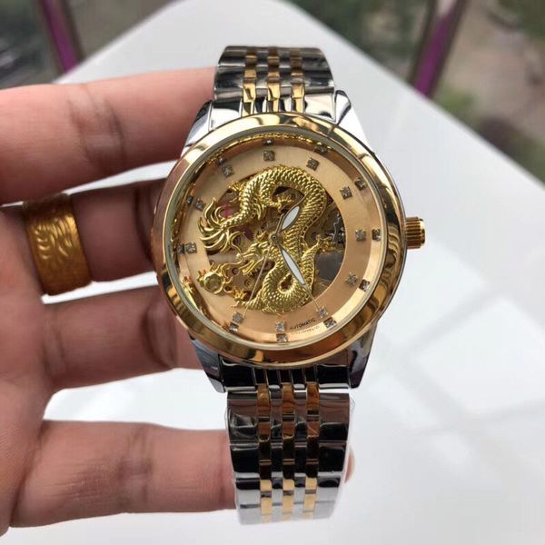 

бренд мужские дизайнерские часы luxury carving китайский дракон 42мм алмазный циферблат золотой браслет из нержавеющей стали автоматические, Slivery;brown