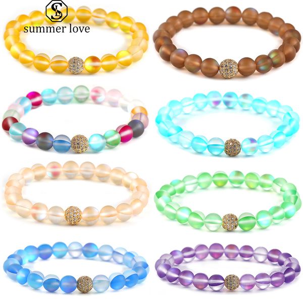 

12 colors moonstone flash stone beaded bracelet for women men 8mm dull polish frosted glass beads cz micro pave ball charm bracelet jewelry, Black