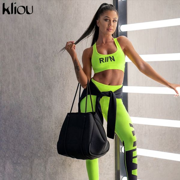 

kliou women fitness two pieces set neon color sportswear tank bra with cups outfit 2019 skinny high waist leggings tracksuit, White