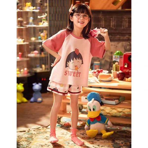 

pure cotton girl's pajamas children's summer thin short sleeve two piece suit baby girl middle and big children's summer home, Blue;red