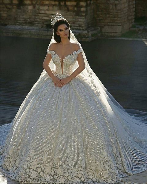 

бальное платье vintage sequined кружева свадебные платья luxury off shoulder 3d цветы плюс размер saudi arabic дубай свадебное платье vestid, White