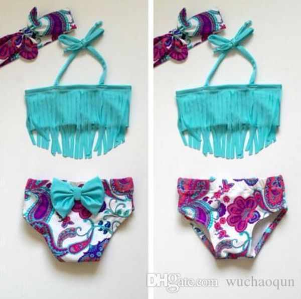

дети цветочные купальники девочки оголовье + кисточка топ + шорты 3шт набор +2018 лето бикини дети купальник, Blue
