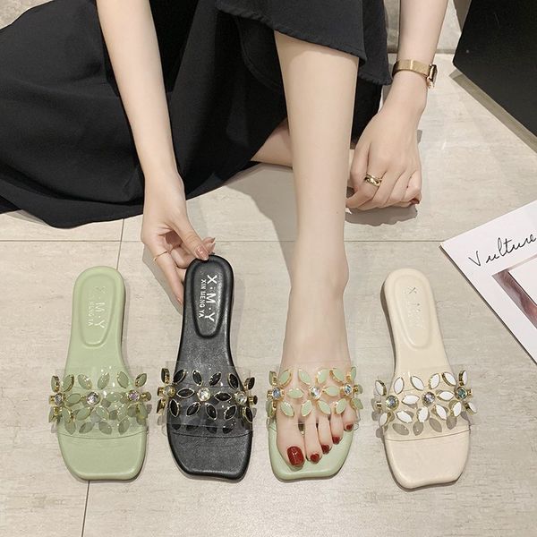 

low square toe shoes slippers casual slipers women slides jelly flip flops 2020 summer soft flat glitter pu rubber, Black