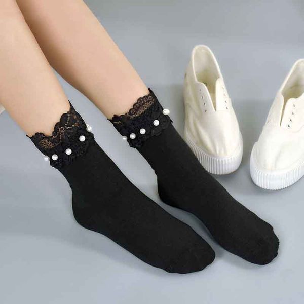 

Spring Summer New Product Socks Women Japan Harajuku Silk Lace Pearl Meias Soft Concise Comfort Handmade, Black