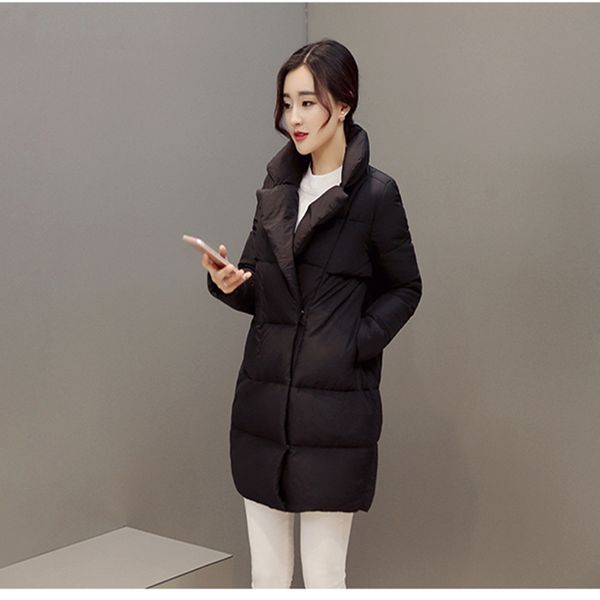 

women solid oversize long parkas thick 2019 long sleeve buttons pockets female warm winter coat korean fashion, Black